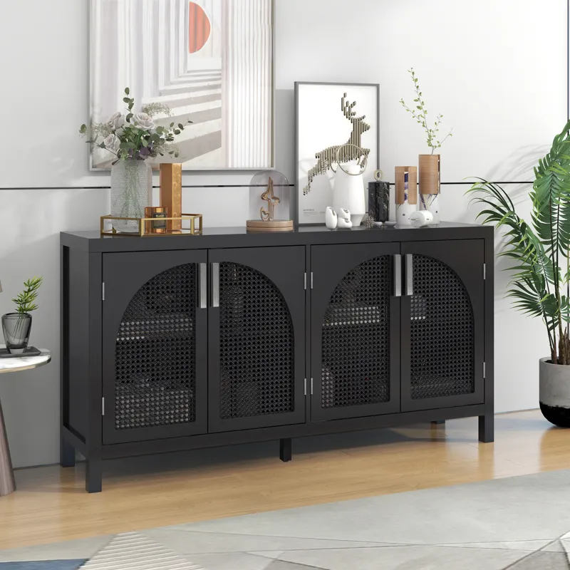 Large Storage Space Sideboard With Artificial Rattan Door And Metal Handles For Living Room And Entr