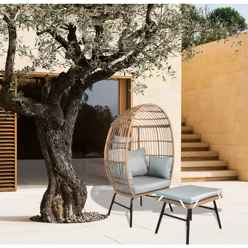 Outdoor Garden Wicker Egg Chair And Footstool Patio Chaise, With Cushions, Outdoor Indoor Basket Cha