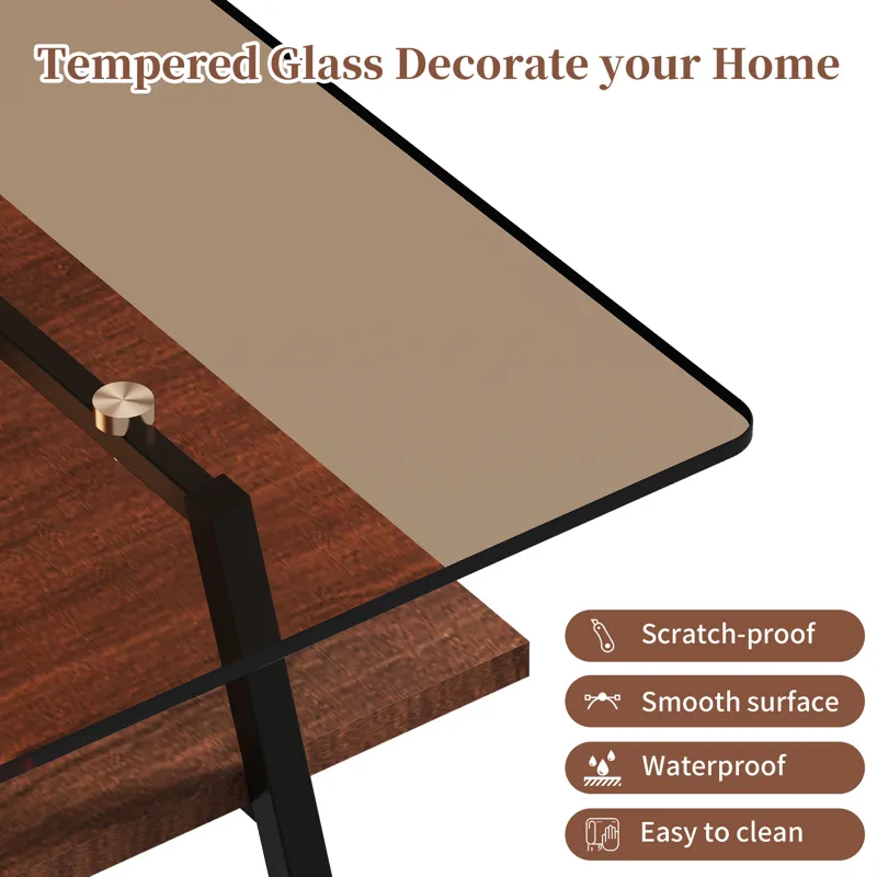 Rectangle Coffee Table, Tempered Glass Tabletop With Metal Legs, Modern Table For Living Room - Brow
