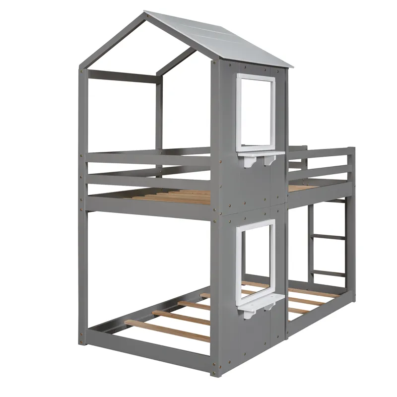 Twin Over Twin Bunk Bed Wood Bed With Roof, Window, Guardrail, Ladder - White