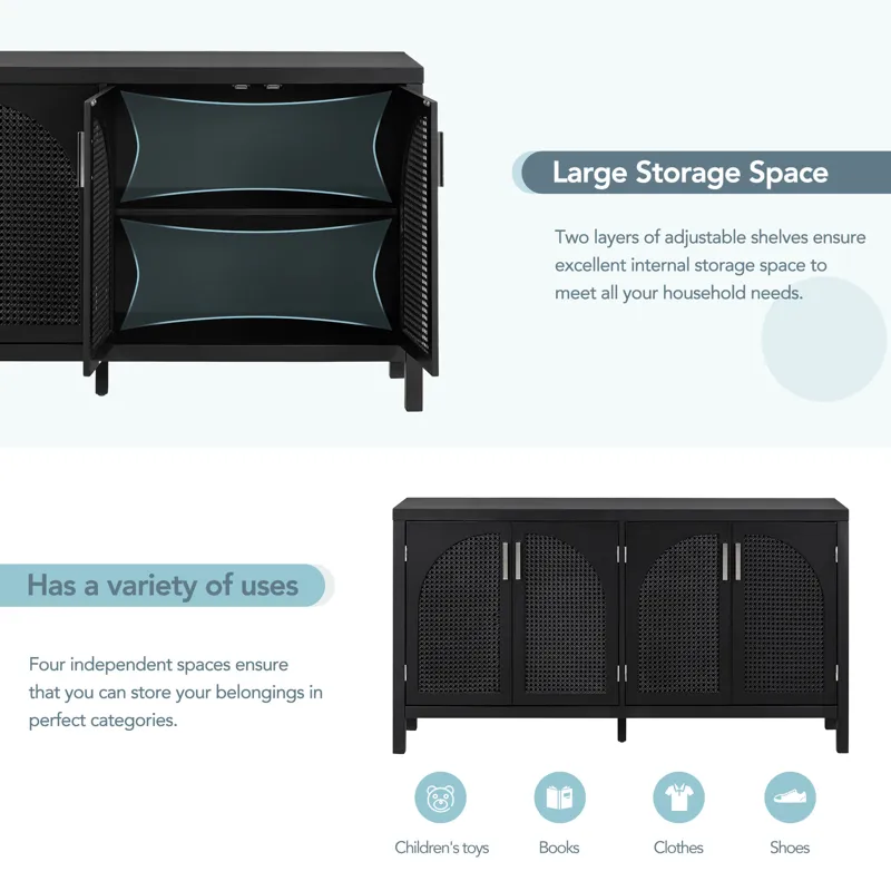 Large Storage Space Sideboard With Artificial Rattan Door And Metal Handles For Living Room And Entr