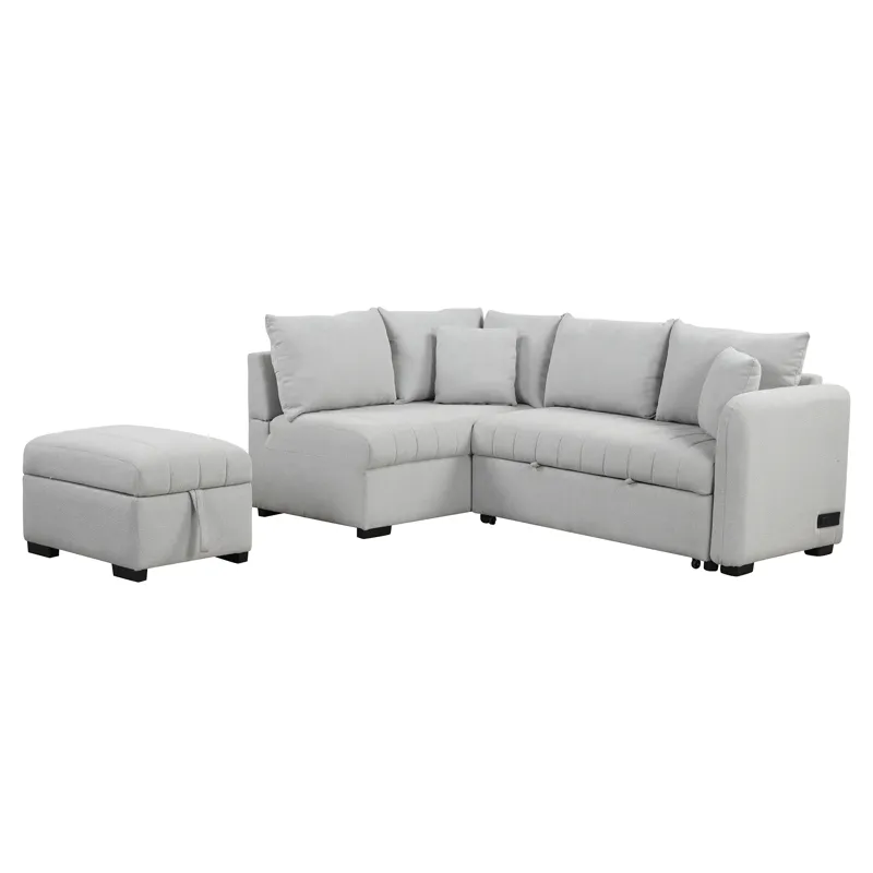 L-Shaped Sectional Pull Out Sofa Bed Sleeper Sofa With Two USB Ports, Two Power Sockets And A Movabl