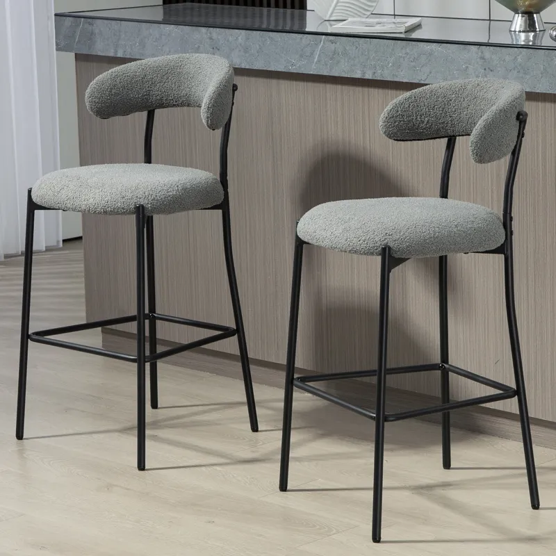 26\'\' Counter Height Bar Stools Teddy Fabric Cover Kitchen Island Counter Bar Stool With Black Powd