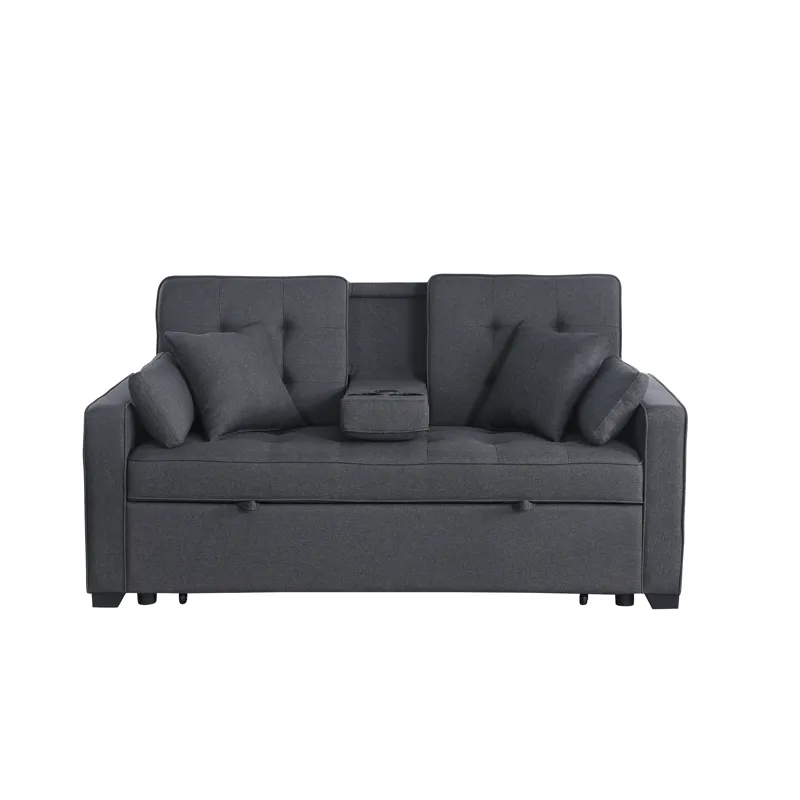 Cody II - 69.5\"W Dark Gray Linen Convertible Sleeper Loveseat With Cup Holder, Charging Ports and P