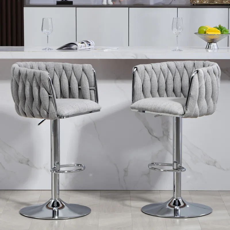 360 Degree Swivel Bar Stools Adjustable Counter Height Bar Chairs With Woven Back & Footrest, Silver