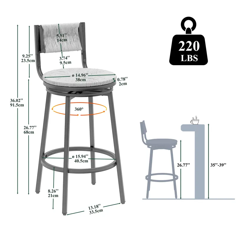Bar Stools Swivel Counter Chairs With Metal Frame (Set of 2) Hand Woven Paper Rope Dining Barstools 