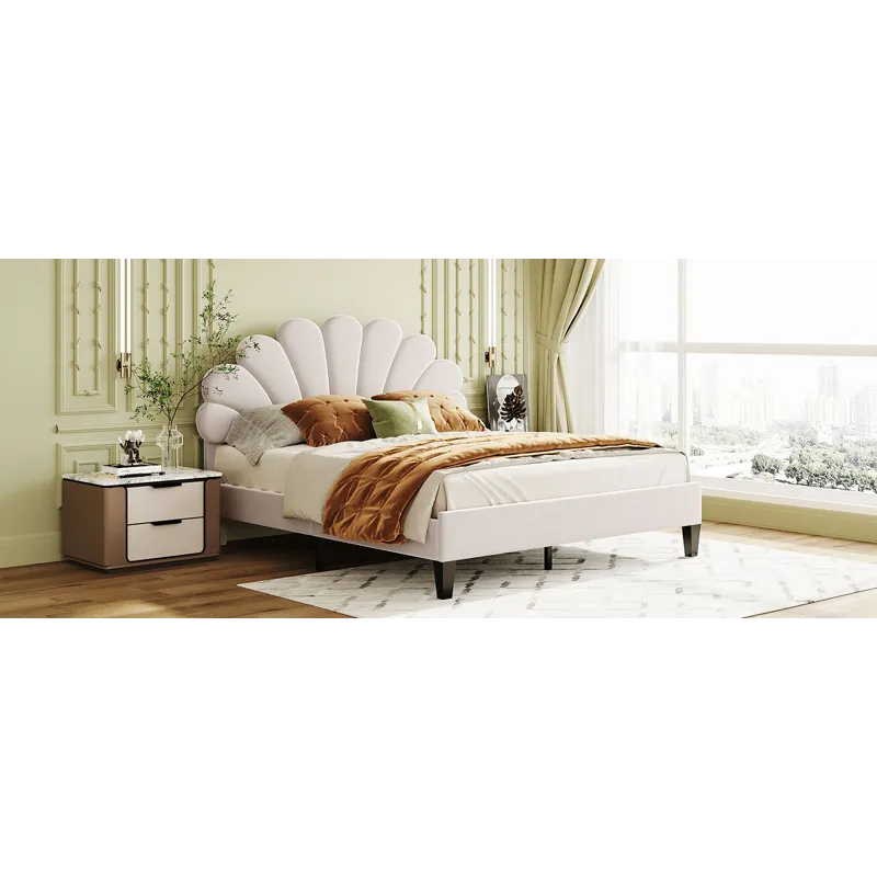 Queen Size Upholstered Platform Bed With Flower Pattern Velvet Headboard - Beige