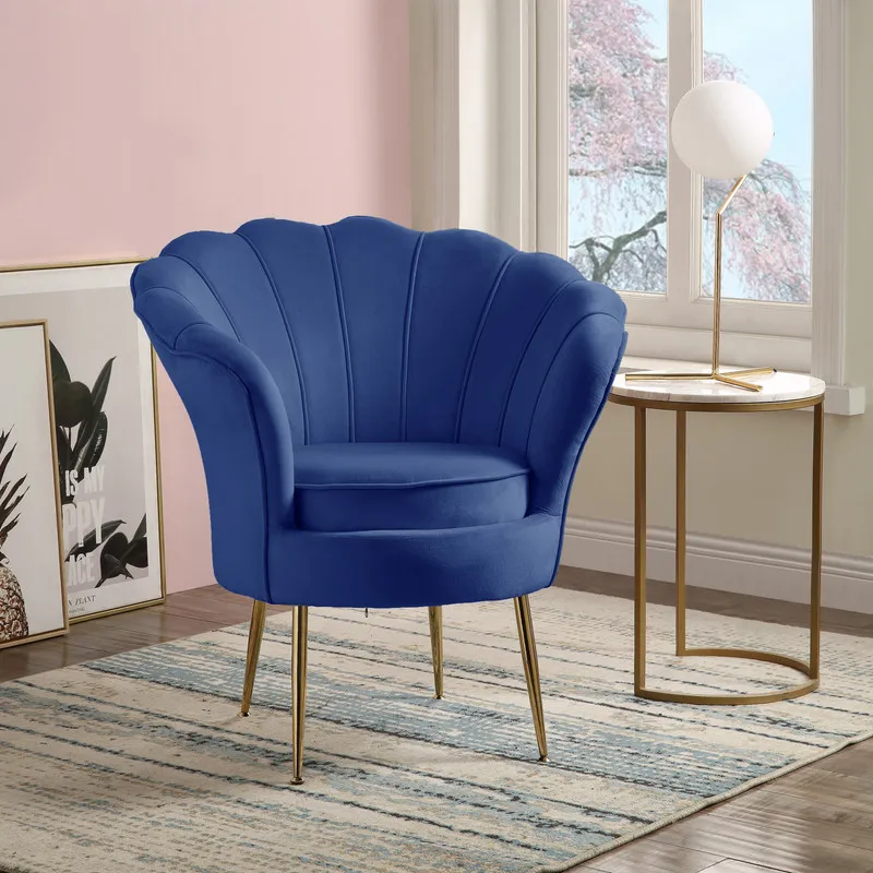 Angelina - Velvet Scalloped Back Barrel Accent Chair With Metal Legs - Blue