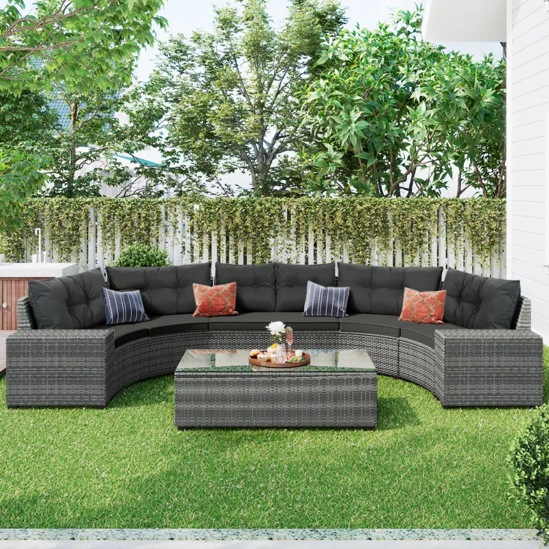 8 Pieces Outdoor Wicker Round Sofa Set, Half-Moon Sectional Sets All Weather, Curved Sofa Set With R