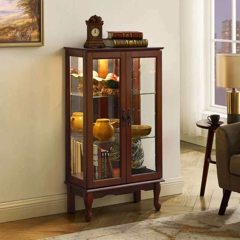 Curio Cabinet Lighted Curio Diapaly Cabinet With Adjustable Shelves And Mirrored Back Panel, Tempered Glass Doors (3 Tier), (E26 Light Bulb Not Included) - Walnut