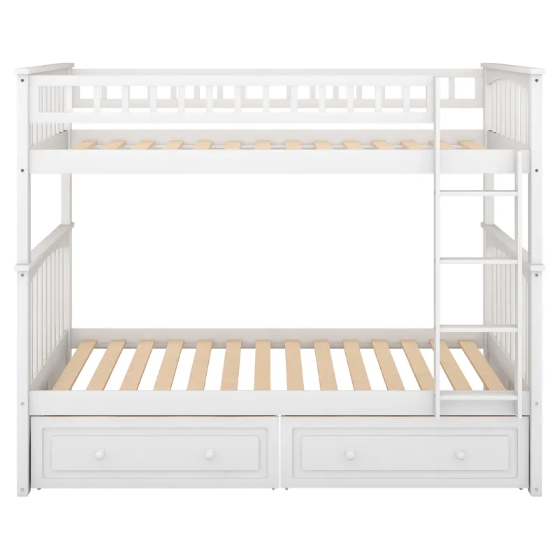 Twin Over Twin Bunk Bed With Drawers, Convertible Beds - White