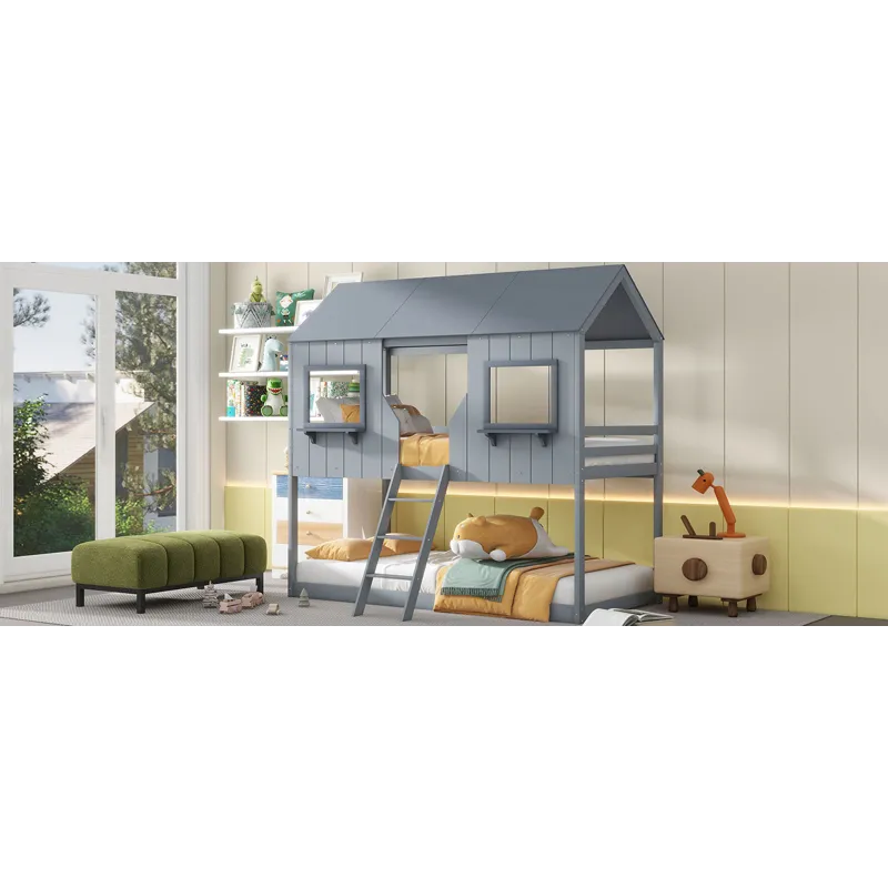 78\" Twin Over Twin Bunk Bed Wood Bed With Roof, Window, Guardrail, Ladder - Gray