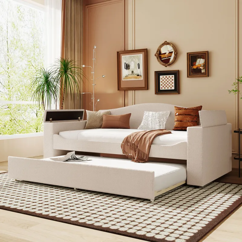 Twin Size Upholstered Daybed With Storage Armrests, Trundle And Latest Integrated Bluetooth Audio Sy