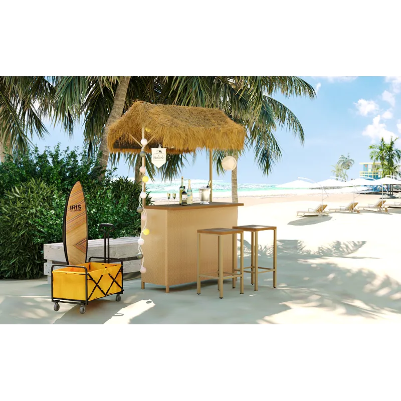 Hawaiian-Style Bar Height Patio Set With PE Grass Canopy, Outdoor Bar Table And Stools With Adjustab