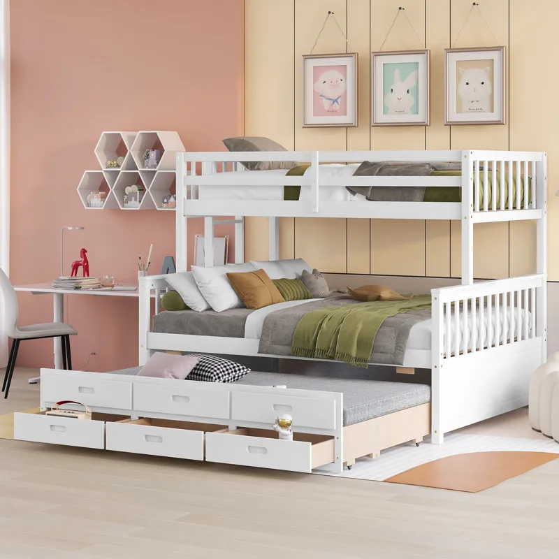 Twin Over Full Bunk Bed With Twin Size Trundle, Separable Bunk Bed With Drawers For Bedroom - White