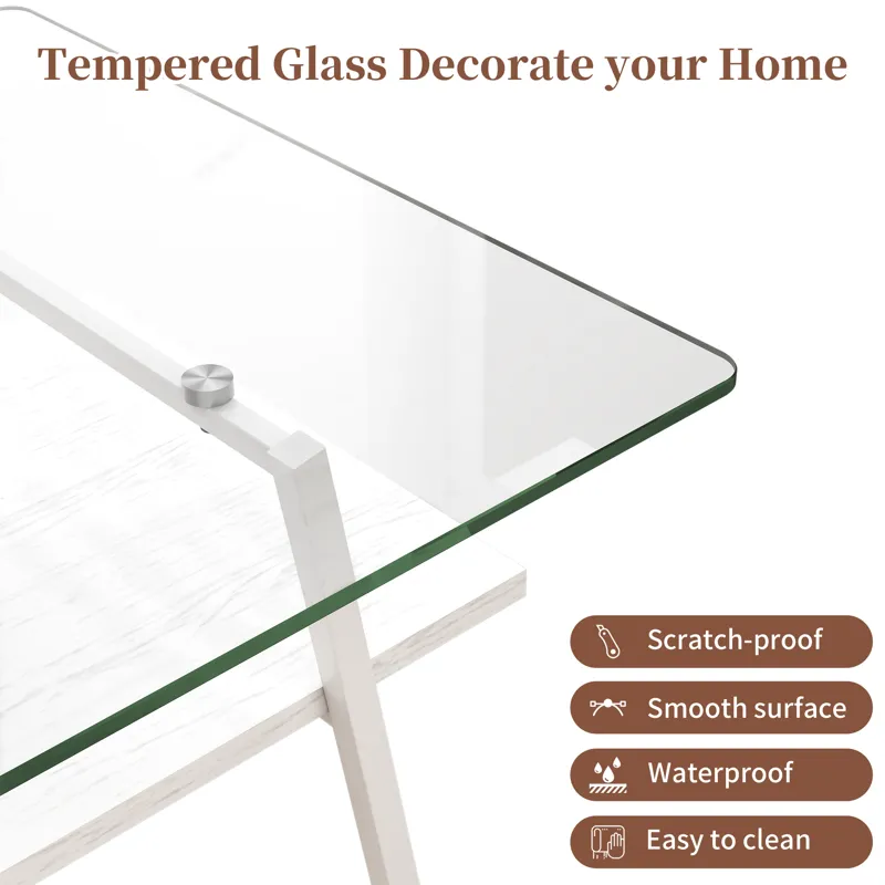 Rectangle Coffee Table, Tempered Glass Tabletop With Metal Legs, Modern Table For Living Room - Tran
