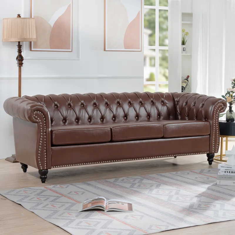 Rolled Arm Chesterfield Three Seater Sofa - Dark Brown