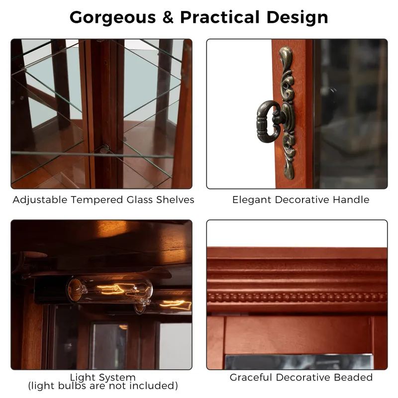 Corner Curio Cabinet With Lights, Adjustable Tempered Glass Shelves, Mirrored Back, Display Cabinet 