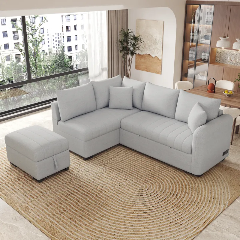 L-Shaped Sectional Pull Out Sofa Bed Sleeper Sofa With Two USB Ports, Two Power Sockets And A Movabl