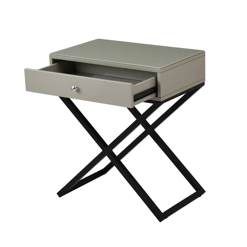 Koda - Wooden End Side Table Nightstand With Glass Top, Drawer And Metal Cross Base - Taupe