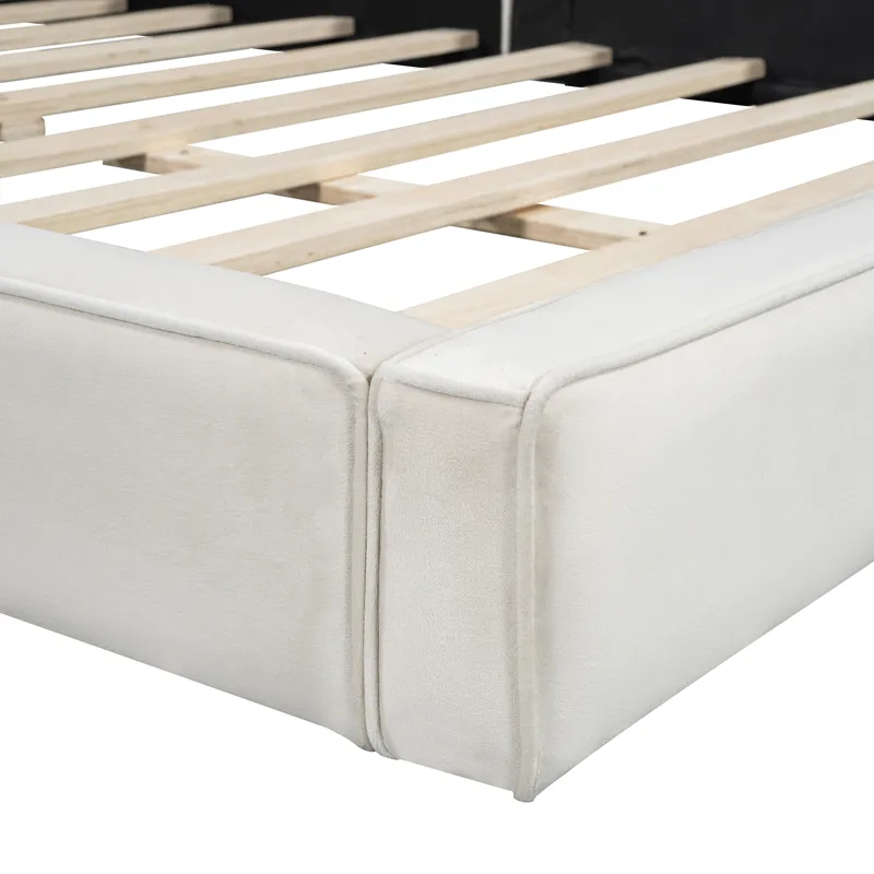 Queen Size Upholstered Platform Bed With , Grounded Bed With Solid Frame - Beige