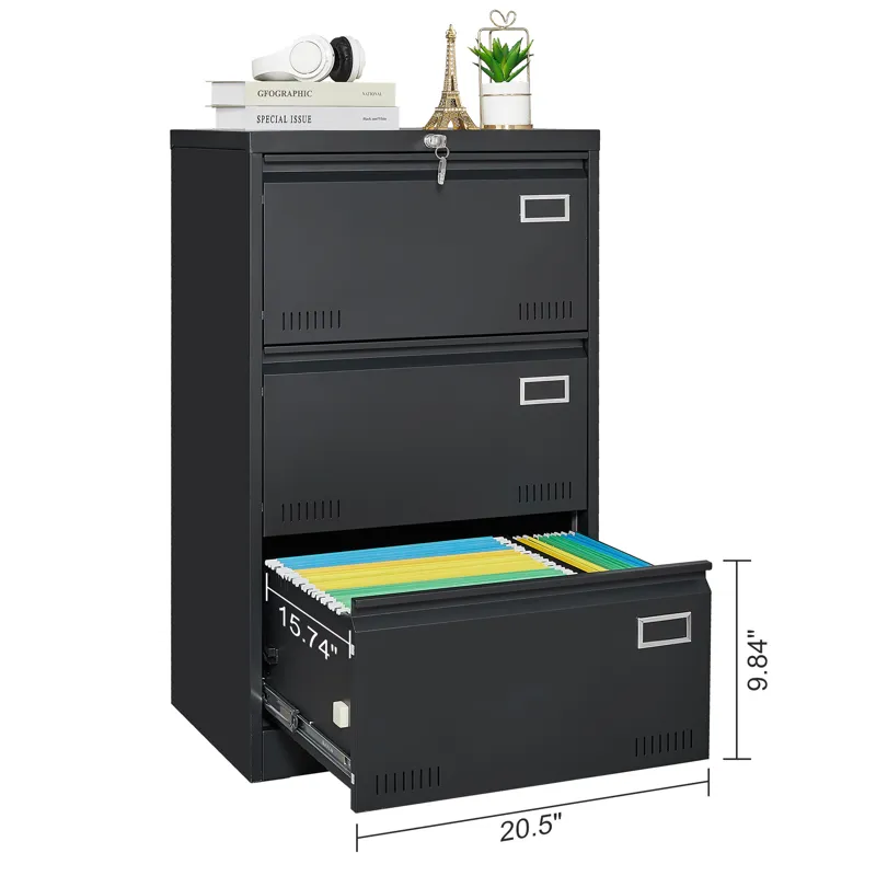 Filing Cabinet Lateral File Cabinet 3 Drawer, Blcak Locking Metal File Cabinets Three Drawer, Office