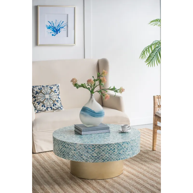 Unique Hyperion Capiz Inlay Drum Coffee Table With Gold Pedestal Base - Multi