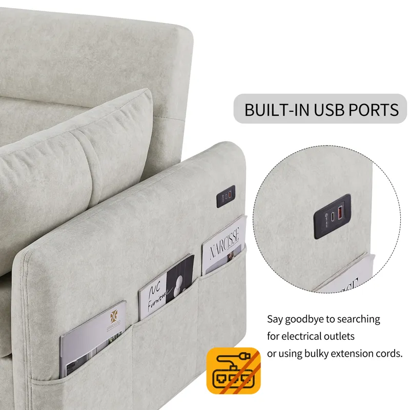 Pull Out Sleep Sofa Bed Loveseats Sofa Couch With Adjsutable Backrest, Storage Pockets, 2 Soft Pillo
