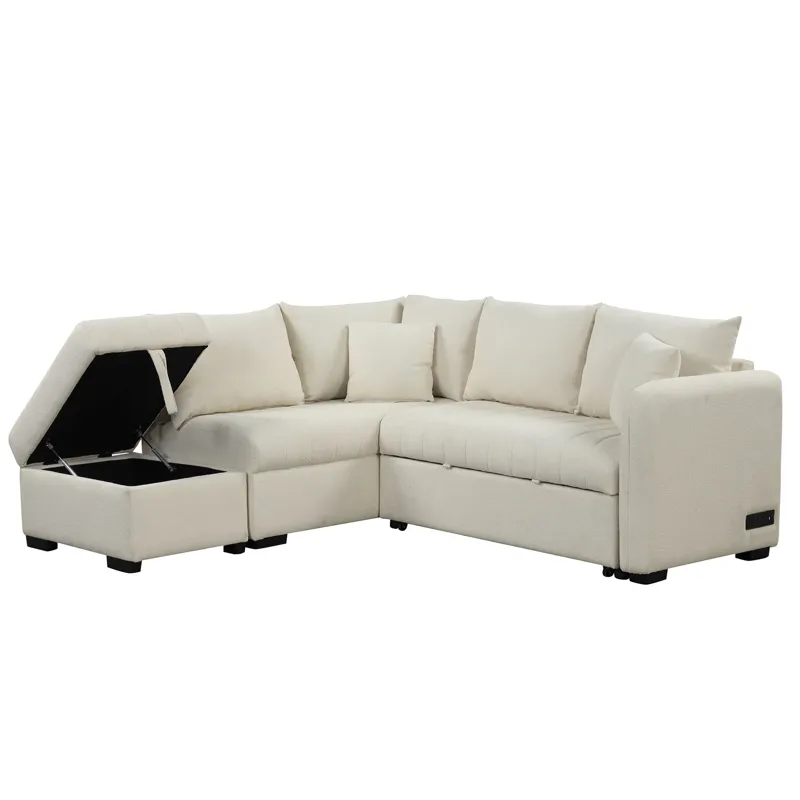 L-Shaped Sectional Pull Out Sofa Bed Sleeper Sofa With Two USB Ports, Two Power Sockets And A Movabl
