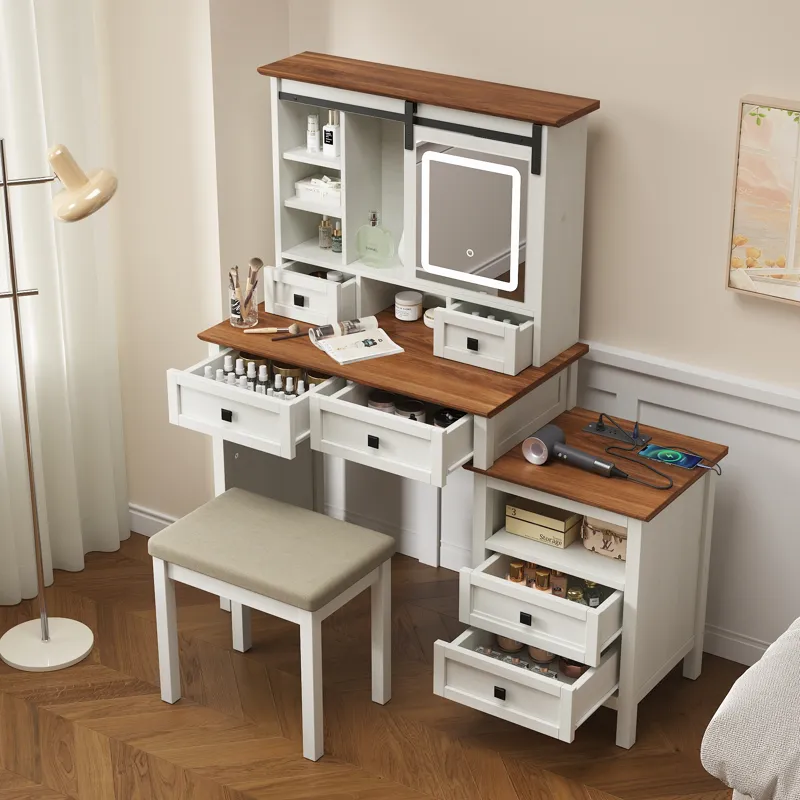 Farmhouse Makeup Vanity Desk With Adjustible LED Lighted Mirror And Charging Station For Bedroom, Dr