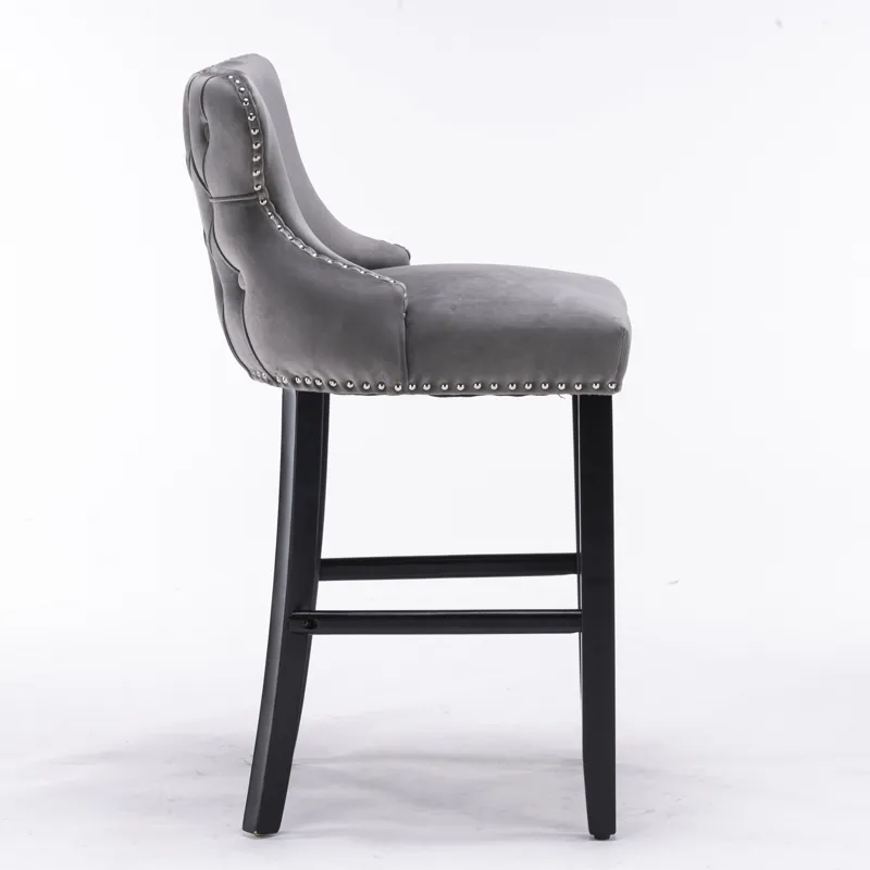 Contemporary Velvet Upholstered Wing-Back Barstools With Button Tufted Decoration And Wooden Legs, A