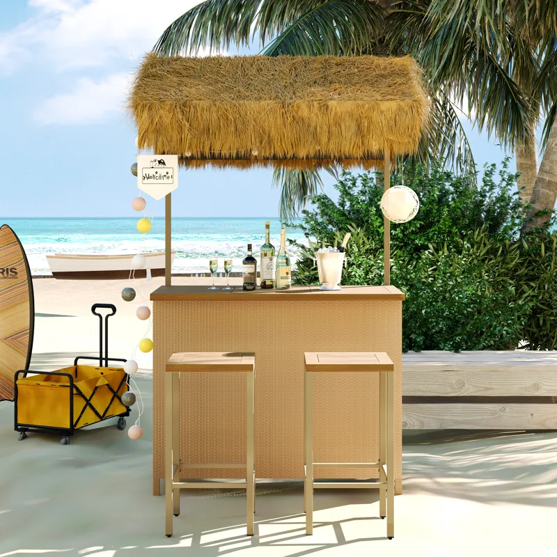 Hawaiian-Style Bar Height Patio Set With PE Grass Canopy, Outdoor Bar Table And Stools With Adjustab