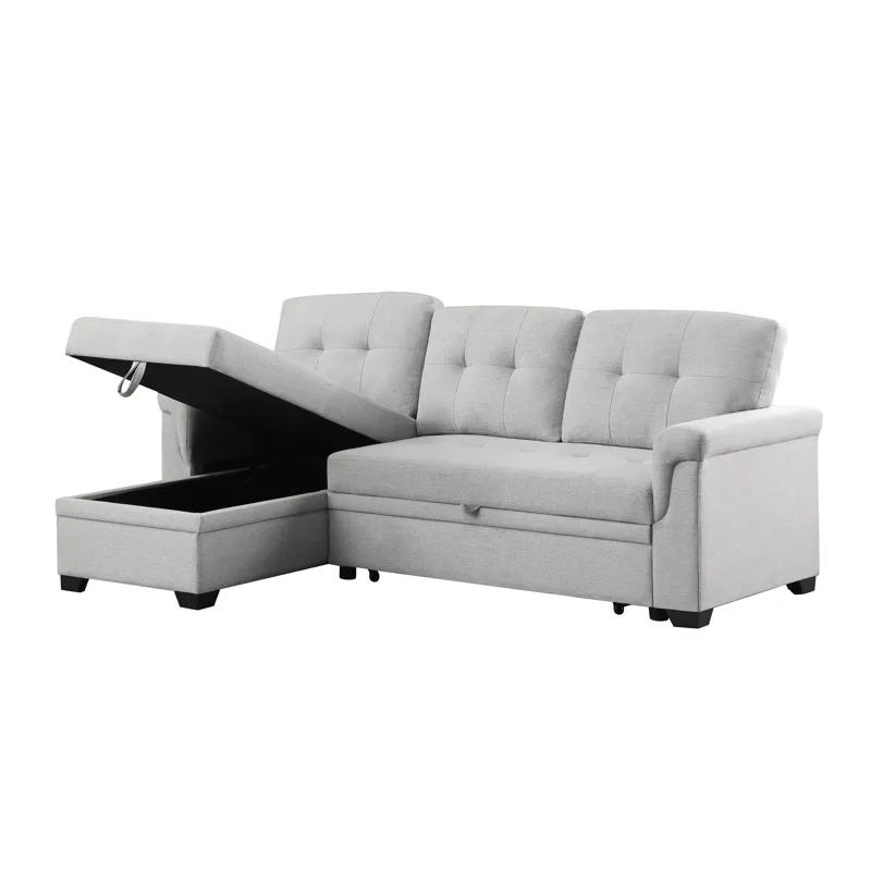 Hunter - Linen Reversible Sleeper Sectional Sofa With Storage Chaise - Light Gray