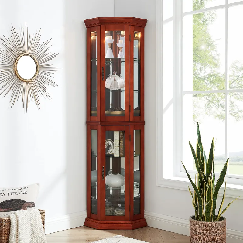 Corner Curio Cabinet With Lights, Adjustable Tempered Glass Shelves, Mirrored Back, Display Cabinet 