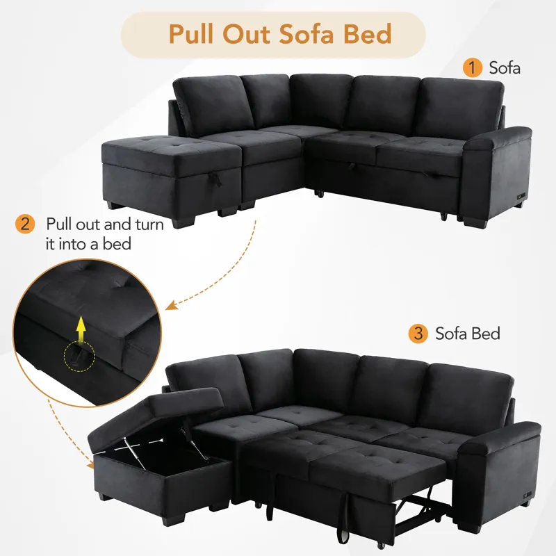 Sleeper Sectional Sofa, L-Shape Corner Couch Sofa Bed With Storage Ottoman & Hidden Arm Storage & US