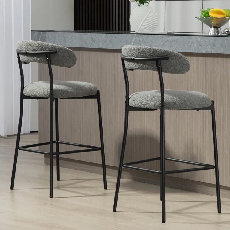 26\'\' Counter Height Bar Stools Teddy Fabric Cover Kitchen Island Counter Bar Stool With Black Powd