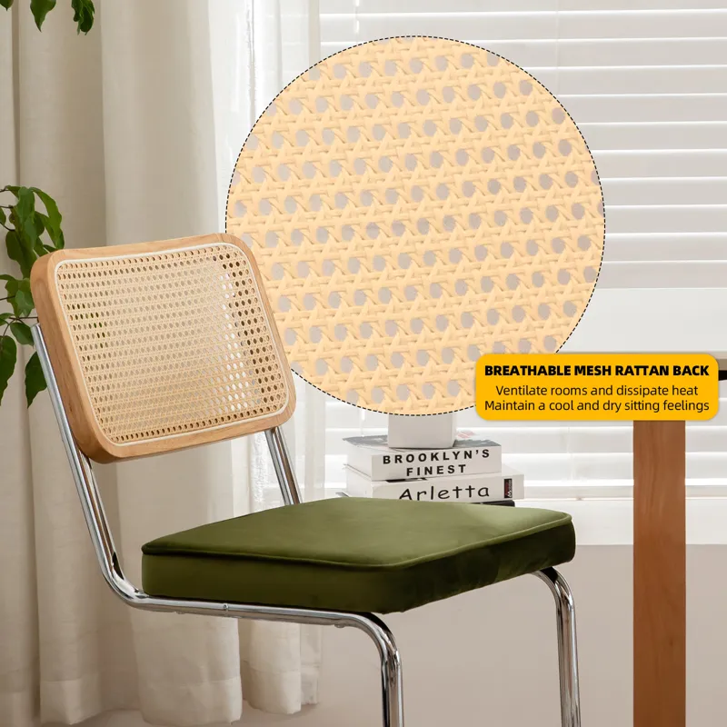 Dining Chairs (Set of 2), Velvet Rattan Side Accent Chairs With Chrome Legs, Modern Mid-Century Breu