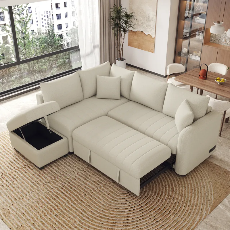 L-Shaped Sectional Pull Out Sofa Bed Sleeper Sofa With Two USB Ports, Two Power Sockets And A Movabl