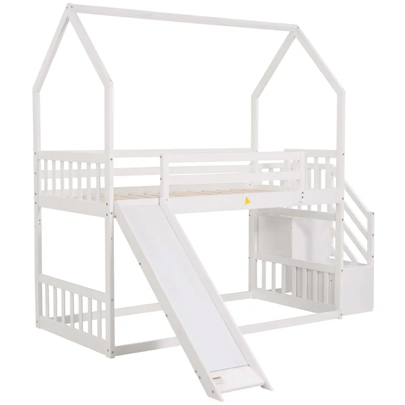Twin Over Twin House Bunk Bed With Convertible Slide, Storage Staircase - White