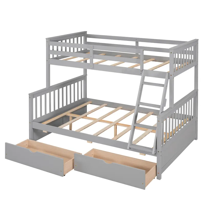 Twin Over Full Bunk Bed With Ladders And Two Storage Drawers - Gray