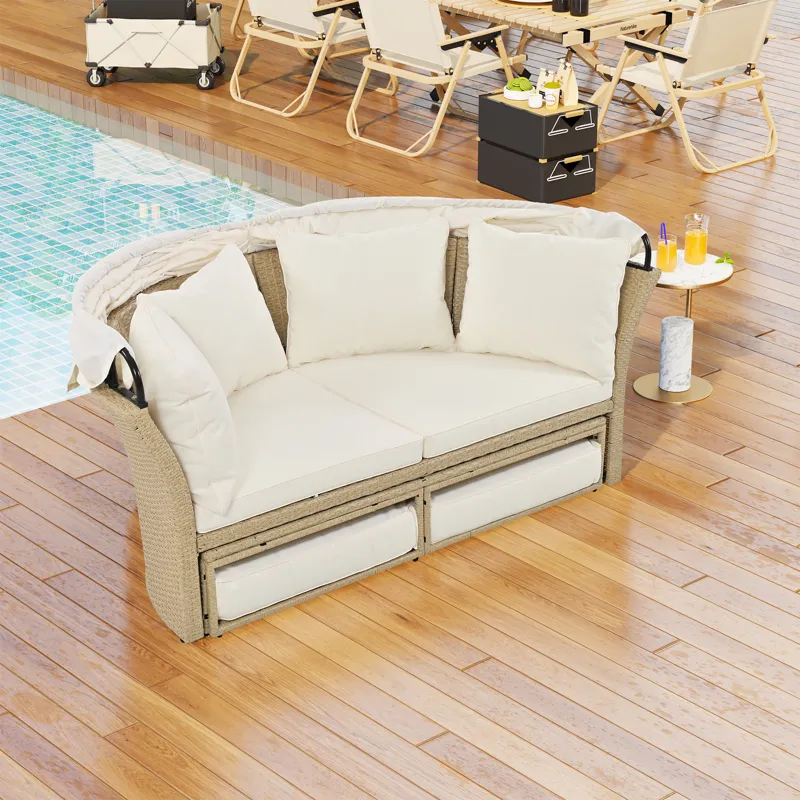 Outdoor Patio Daybed Wicker Rattan Double Daybed Round Sofa Furniture Set With Retractable Canopy, 4