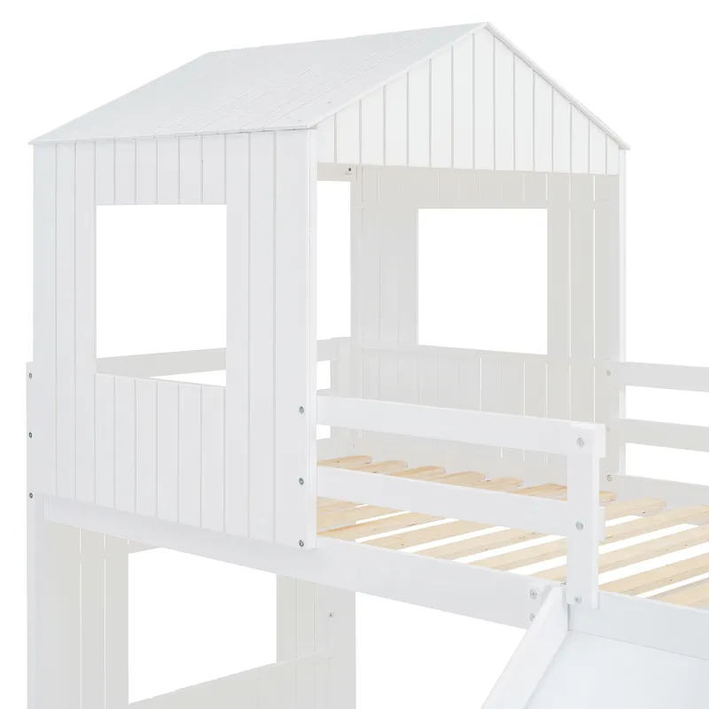 Wooden Twin Over Full Bunk Bed, Loft Bed With Playhouse, Farmhouse, Ladder, Slide And Guardrails - W