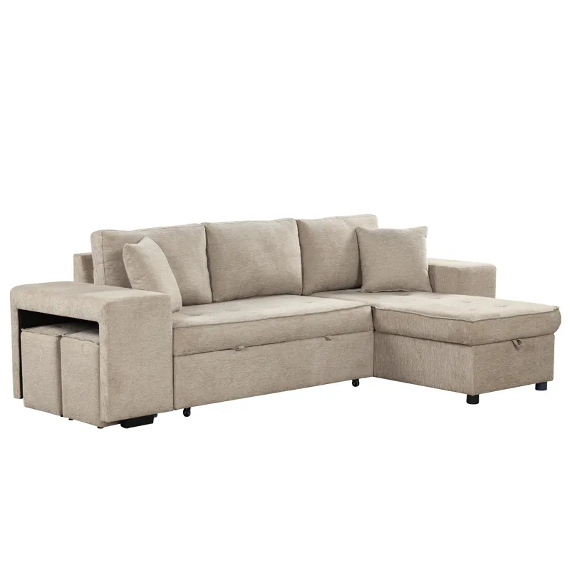 Modern L-Shape 3 Seat Reversible Sectional Couch, Pull Out Sleeper Sofa With Storage Chaise And 2 St
