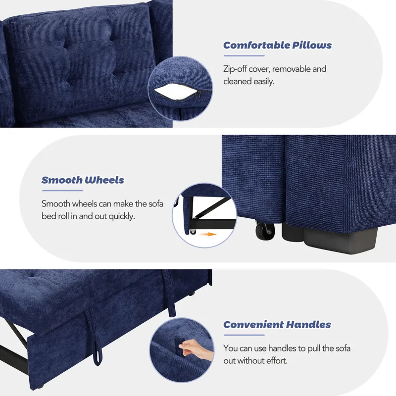 L-Shape Sofa Bed Pull-Out Sleeper Sofa With Wheels, USB Ports, Power Sockets For Living Room - Navy 