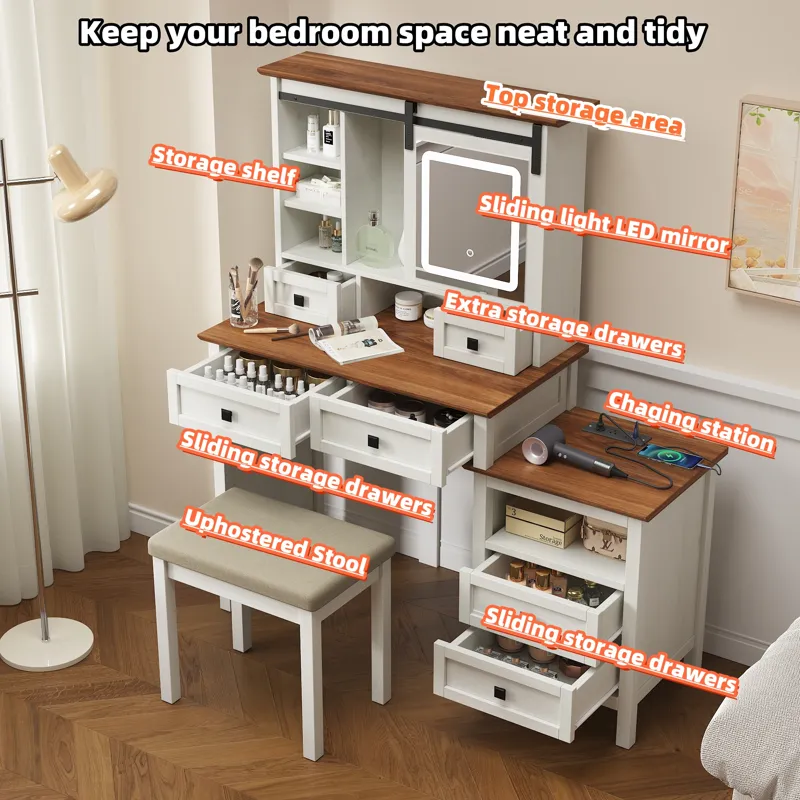 Farmhouse Makeup Vanity Desk With Adjustible LED Lighted Mirror And Charging Station For Bedroom, Dr