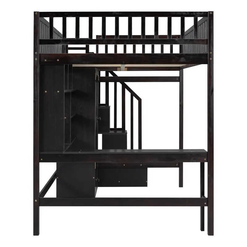 Full Size Loft Bed With Bookshelf, Drawers, Desk, And Wardrobe - Espresso