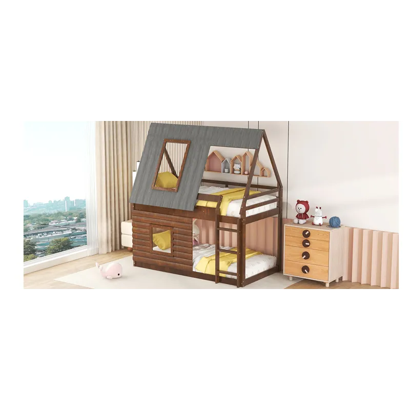 Wood Twin Size House Bunk Bed With Roof, Ladder And 2 Windows - Oak & Smoky Gray