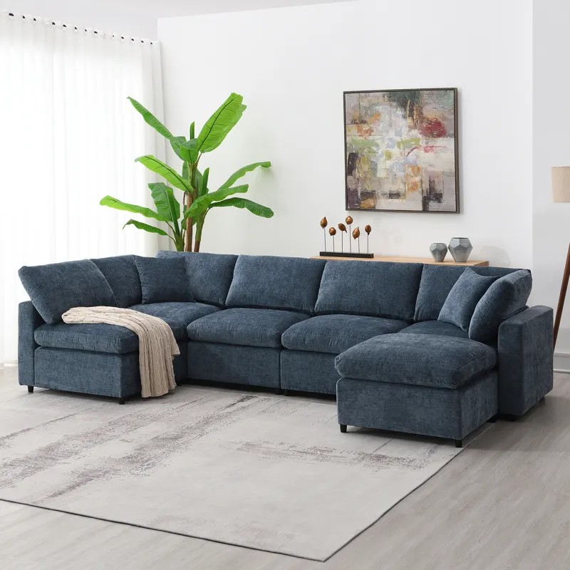 Modern Modular Cloud Sofa Bed, 6 Seat Chenille Sectional Couch Set With Ottoman, Free Combination, C