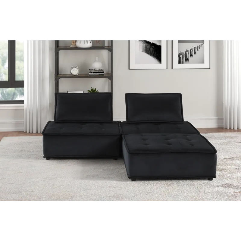 Anna - Velvet 3 Piece Sectional Sofa Ottoman - Black