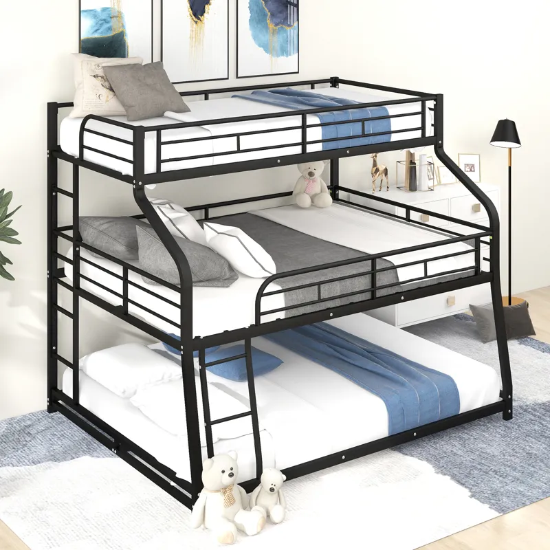 Twin Long / Full Long / Queen Triple Bunk Bed With Long And Short Ladder And Full-Length Guardrails 